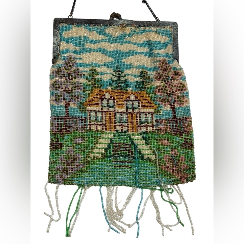 Antique Art Nouveau Glass Micro Beaded Fringe Cottage Handmade Evening Bag 1920s